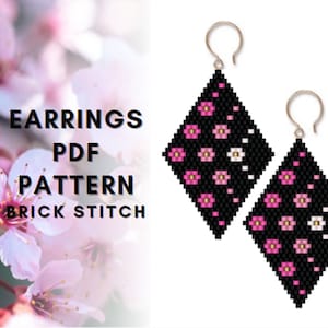 桜のレンガステッチイヤリングパターン、シードビーズイヤリングパターン、春の花、花菱形、ビーズ織り PDF デジタル 546