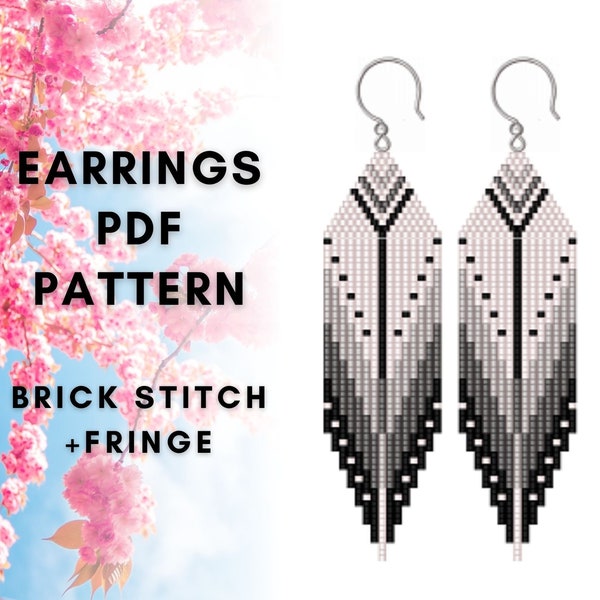 Brick stitch fringe earring pattern, Monochrome earring , Seed bead Delica pattern, Bead earring pattern, Black and white, PDF digital