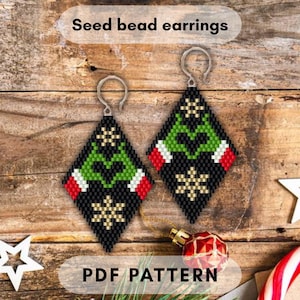May include: Pair of seed bead earrings with a diamond shape, featuring a black background with green, red, white, and gold snowflake designs. The earrings are displayed on a wooden surface. The text "Seed bead earrings" and "PDF PATTERN" are visible.
