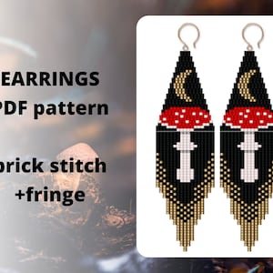 Mushroom moon earring pattern, Fly agaric Witchy fungi Seed bead , Crescent Moon Phase pattern, Brick stitch pattern, PDF digital download