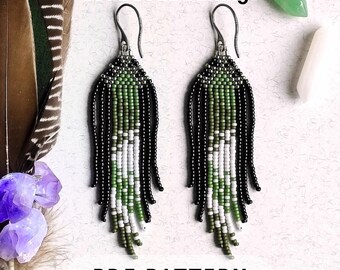 Abstract beaded fringe earring pattern, Miyuki seed beads, Brick stitch, Green forest shades Beadweaving Geometric PDF digital 204