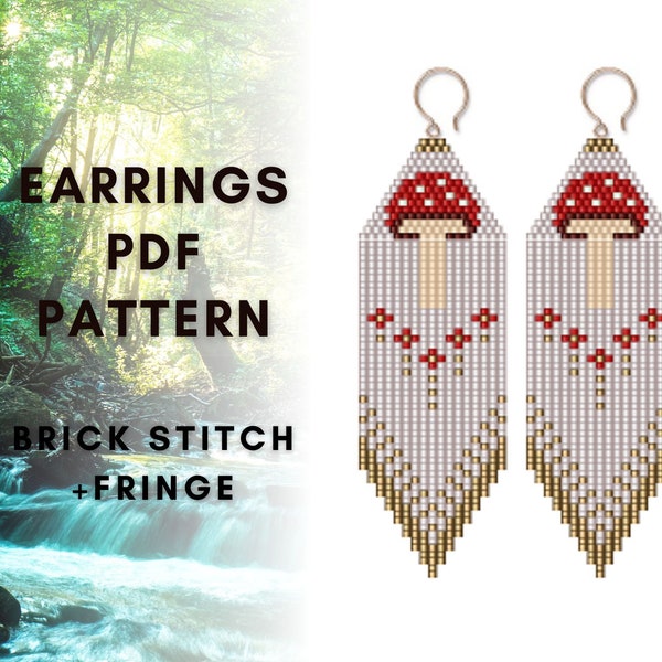 Mushroom brick stitch earring pattern, Seed bead earring pattern, Forest beaded earrings, rainforest beaded pattern, Beadwork, PDF digital