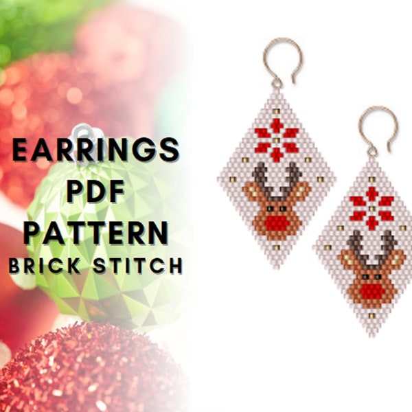 Merry Christmas Deer brick stitch earring pattern, Seed bead earring pattern, Xmas, Winter earring, Christmas in July, PDF digital download