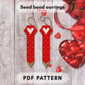 Red beaded heart earring pattern Attractive dangles Brick stitch hexagone with fringe Valentine Day Seed bead Miyuki Delica PDF digital 343