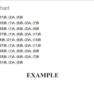 May include: A word chart with nine rows, each row labeled with a number and the letter "L" followed by a series of numbers and letters. The letters "A" and "B" are used to indicate different types of items. The word "EXAMPLE" is written below the chart.
