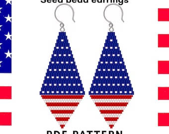 Geometric brick stitch Miyuki Delica seed bead earring pattern 4th July Independence day Patriotic Red white blue USA flag PDF digital 030