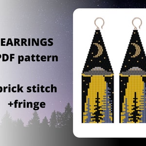 May include: A PDF pattern for a pair of beaded earrings with a night sky theme. The earrings feature a crescent moon, stars, a UFO, and trees in a brick stitch pattern with fringe.
