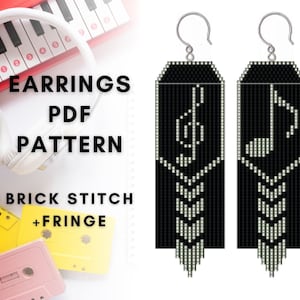 Seed bead fringe earring pattern, Music notes earring, Treble clef brick stitch pattern, Mismatched earring pattern, PDF digital, 178