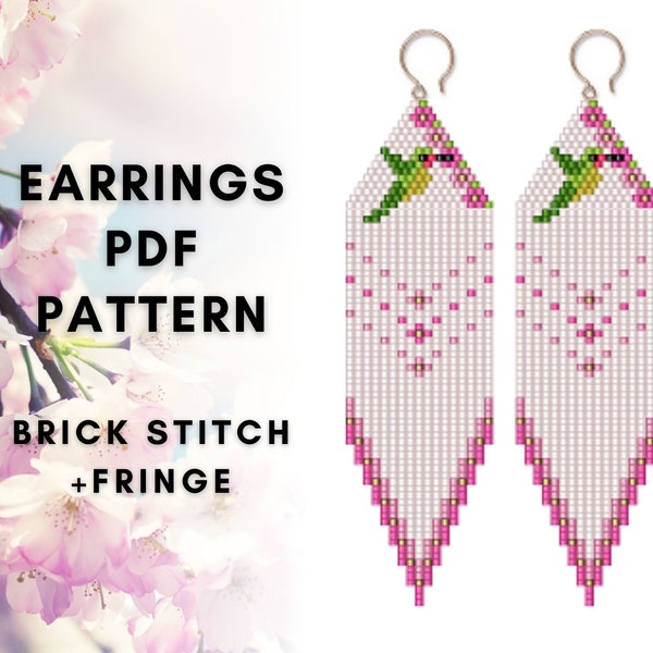 Hummingbird kolibri bird seed bead earring pattern, Fringe earring pattern, Brick stich pattern, Flower earring pattern, custom PDF digital