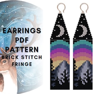 May include: A pair of beaded earrings with a black background, a crescent moon, and a colorful mountain scene. The earrings are labeled "EARRINGS PDF PATTERN BRICK STITCH FRINGE".