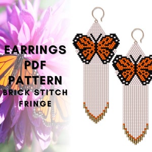 Monarch butterfly bead earring pattern, Cute summer earring pattern, Brick stitch insect, Seed bead fringe earring pattern,  Pdf digital