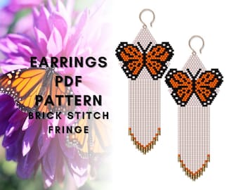 Monarch butterfly bead earring pattern, Cute summer earring pattern, Brick stitch insect, Seed bead fringe earring pattern,  Pdf digital