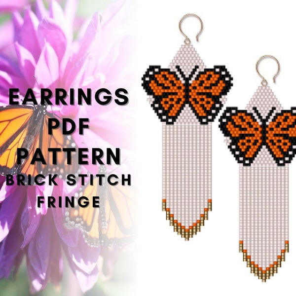 Monarch butterfly bead earring pattern, Cute summer earring pattern, Brick stitch insect, Seed bead fringe earring pattern,  Pdf digital