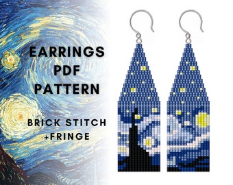 Easy mini Starry night Van Gogh, Beaded earring pattern, Brick stitch, Seed bead pattern, Fringe earring pattern, PDF digital, CUSTOM ORDER