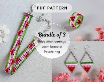 Watermelon Beading Pattern Bundle, Loom Bracelet Pattern, Brick Stitch Earrings, Peyote Ring Pattern, Seed Bead PDF digital 004
