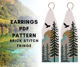 Mountain sun seed bead fringe earring pattern, Landscape earring, Forest earring pattern, Brick stitch tree, digital