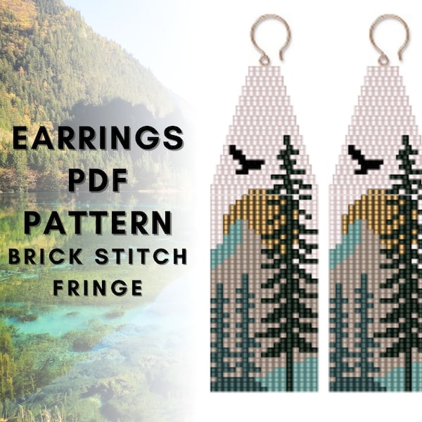 Mountain sun seed bead fringe earring pattern, Landscape earring, Forest earring pattern, Brick stitch tree, digital