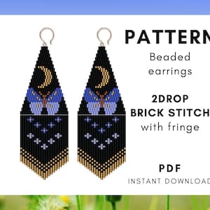 Peut inclure: Un modèle de téléchargement numérique pour des boucles d'oreilles en perles avec un motif de croissant de lune et de papillon. Le modèle est pour le point de brique à 2 gouttes avec frange. Le modèle est disponible en téléchargement instantané PDF.