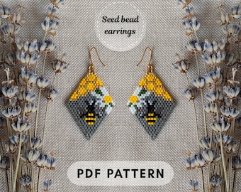 Bee Beaded Earrings Pattern PDF, Honeycomb and Daisy, Brick Stitch, Seed Bead Miyuki Delica, DIY jewelry PDF digital 005