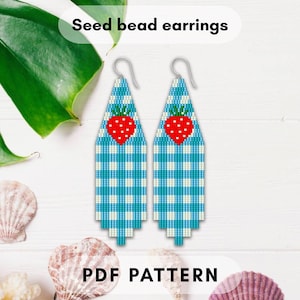 Erdbeer Perlen Ohrring Muster, Ziegelstich Doppelmuster mit Fransen, Frühling, Sommer, Blau, frisches Design, Geometrie DIY Schmuck PDF digital 134