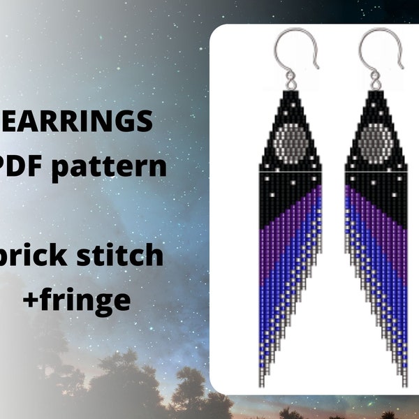 Asymmetric earring pattern, Moon phases earring pattern, Beaded fringe earring pattern, Seed bead earring pattern, PDF instant download