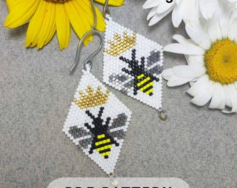 Bee brick stitch earring pattern, Seed bead Miyuki Delica Crown Queen Diamond shape beadweaving, Easy beading Tested pattern PDF digital 556