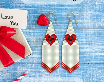 Beaded valentine earrings pattern, Brick stitch red heart, Seed bead Romance Beadweaving Love festive earring Heartbeat line PDF digital 346