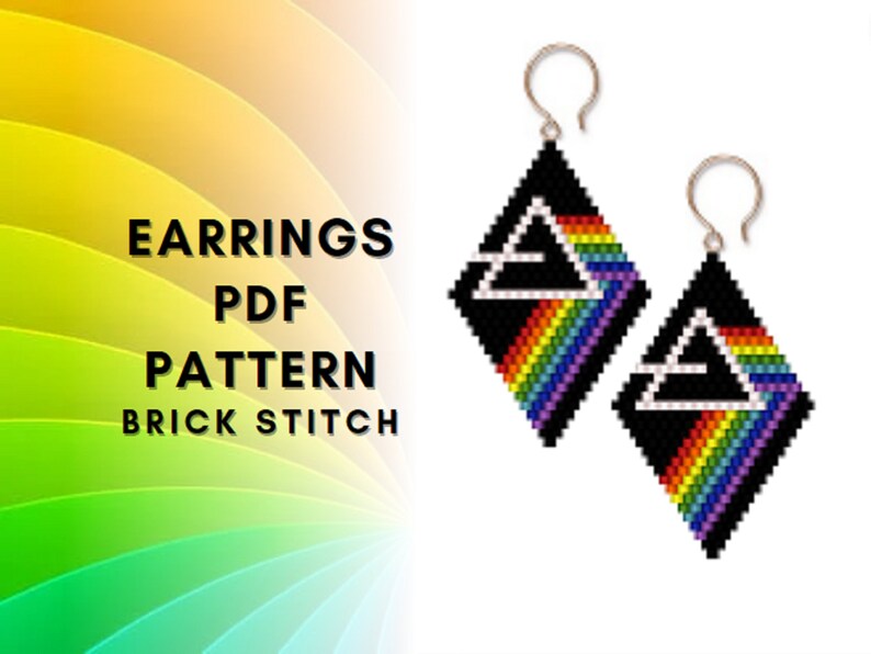 May include: A pair of black diamond-shaped earrings featuring a rainbow prism and a white triangle design. The earrings are beaded and have silver hooks. The text "EARRINGS PDF PATTERN BRICK STITCH" is displayed on a colourful background.