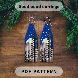 Mountain starry night seed bead fringe earring pattern, Dark forest, Landscape, Brick stitch tree, Moonlight tree, Moon PDF digital 449