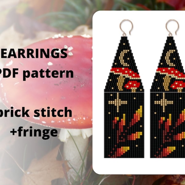 Mushroom fly agaric Witchy fungi Seed bead earring pattern, Crescent Moon Phase pattern, Brick stitch pattern, PDF digital download