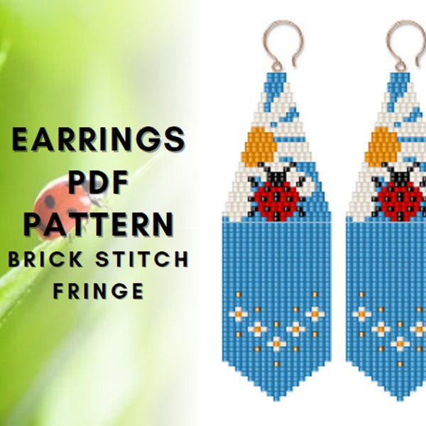 Daisy ladybug Brick stitch fringe earring pattern, Seed bead earring pattern, Fringe earring daisy, chamomile flower Bug insect, digital