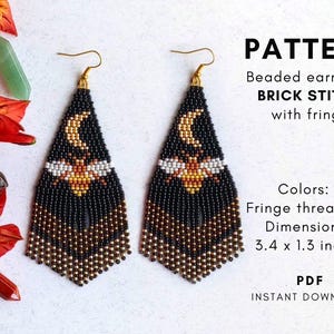 Patroon kralenoorbellen bij maan, statement oorbellen met brede franje, Miyuki ronde rocailles 11/0, Mooncore, Easy beading, pdf digitaal 100