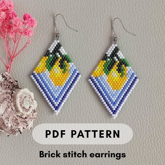 Blue Italian Lemon Brick stitch earring pattern, Fresh citrus fruit, Mediterranean design, Miyuki Delica, Seed Bead, Beading pdf digital 024