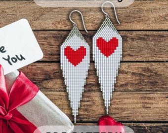 Red heart beaded earring pattern, Brick stitch with fringes, Valentine Day, Seed bead Delica, Beadwork, Beading easy, PDF digital 144