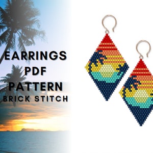 May include: A pair of diamond-shaped earrings featuring a sunset and palm tree design. The earrings are crafted using colourful beads and are a brick stitch pattern. The earrings are displayed against a white background.