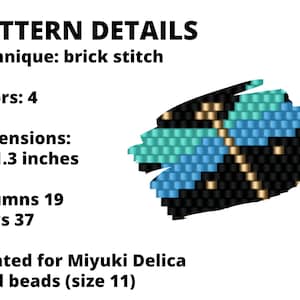 May include: A beading pattern for a black, gold, blue, and turquoise design using Miyuki Delica seed beads (size 11). The pattern is 2 inches by 1.3 inches and uses brick stitch technique. It has 19 columns and 37 rows.