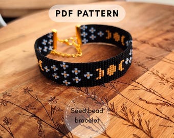 Moon phase seed bead bracelet loom pattern, Forget-me-not Blue flowers Miyuki Delica Floral design Mooncore gift for crafter PDF digital 001