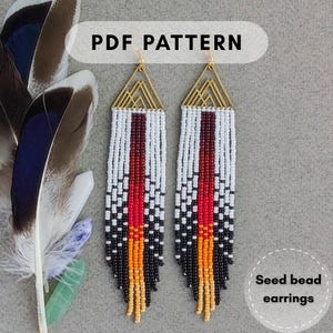 Patrón de pendientes con flecos de cuentas de semillas y plumas, rocailles redondas Miyuki, cuentas de semillas tamaño 11, tejido de cuentas fácil, inspiración nativa, PDF digital 471