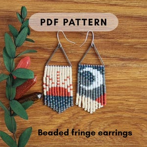 May include: A pair of beaded fringe earrings with a geometric design. One earring features a sun design in red, white, and beige beads, while the other has a white crescent moon on a dark blue background. The text "PDF PATTERN" and "Beaded fringe earrings" are also visible.