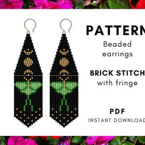 Green butterfly seed bead earring pattern, Luna moth, Moon phases, Miyuki Delica, 2 drop brick stitch with fringes, PDF digital 362
