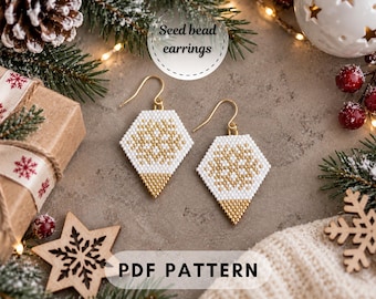 Patrón de pendientes navideños, pendientes de copo de nieve en PDF, patrón de abalorios con puntada de ladrillo, Miyuki Delica, joyería con cuentas pequeñas, PDF digital navideño 028