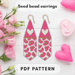 Sweet Heart seed bead earring pattern, Brick stich double, Cheetah animal Leopard skin Happy Valentines day Romance PDF digital 121