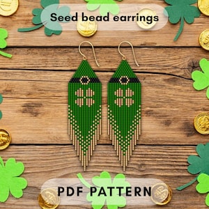 Lucky clover Seed bead fringe earring pattern, Brick stitch Festive, St Patrick Paddy's Day, Beadweaving, Beadwork, Shamrock PDF digital 151