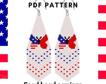 Butterfly American style brick stitch fringe earring pattern, USA flag 4 July Independence day Seed bead Miyuki Delica PDF digital 369