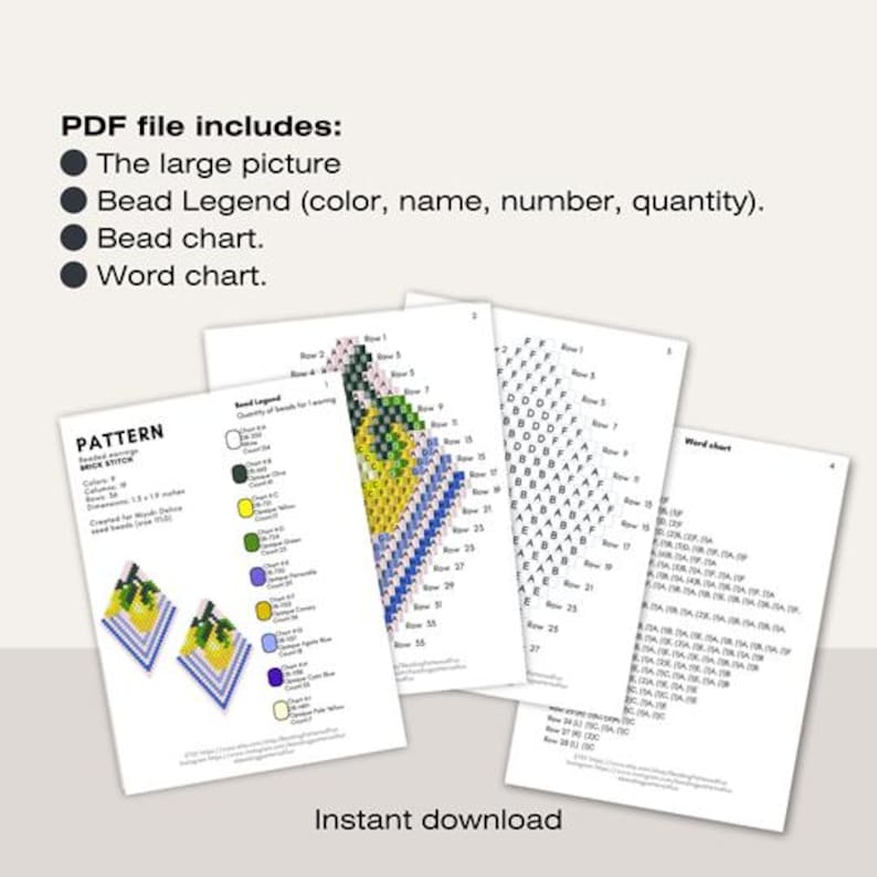 May include: A collection of printed pattern sheets for beadwork, including a bead legend, bead chart, and word chart. The pattern features a design of earrings with yellow and blue elements. Text on the sheets includes "PATTERN" and "Instant download."
