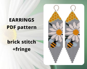 Chamomile Daisy Bee Honey seed bead earring pattern, Brick stitch pattern, Ukraine beading pattern, PDF digital download