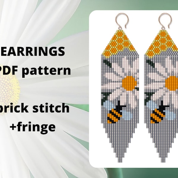 Chamomile Daisy Bee Honey seed bead earring pattern, Brick stitch pattern, Ukraine beading pattern, PDF digital download