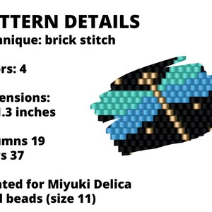 May include: A beading pattern for a black, gold, blue, and turquoise design using Miyuki Delica seed beads (size 11). The pattern is 2 inches by 1.3 inches and uses brick stitch technique. It has 19 columns and 37 rows.