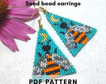 Moon phase Bee beaded brick stitch double earring pattern, Seed bead Miyuki Delica, Crescent Bead weaving easy Mother's Day PDF digital 475