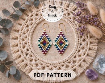 Boho Geometric Brick stitch earring pattern, Seed bead Miyuki Delica, Easy bead weaving,  Native style inspired, PDF digital 436